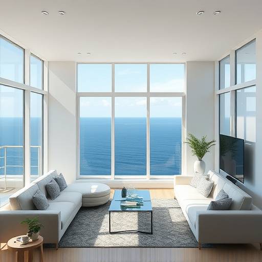 Living room with floor-to-ceiling windows showcasing the ocean view