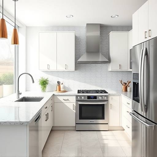Modern kitchen with stainless steel appliances and granite countertops
